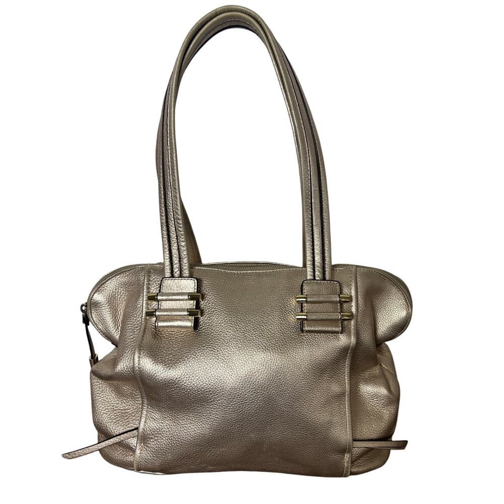 B. Makowsky Metallic Gold Leather Tote Bag Shoulder Purse Pebbled Large